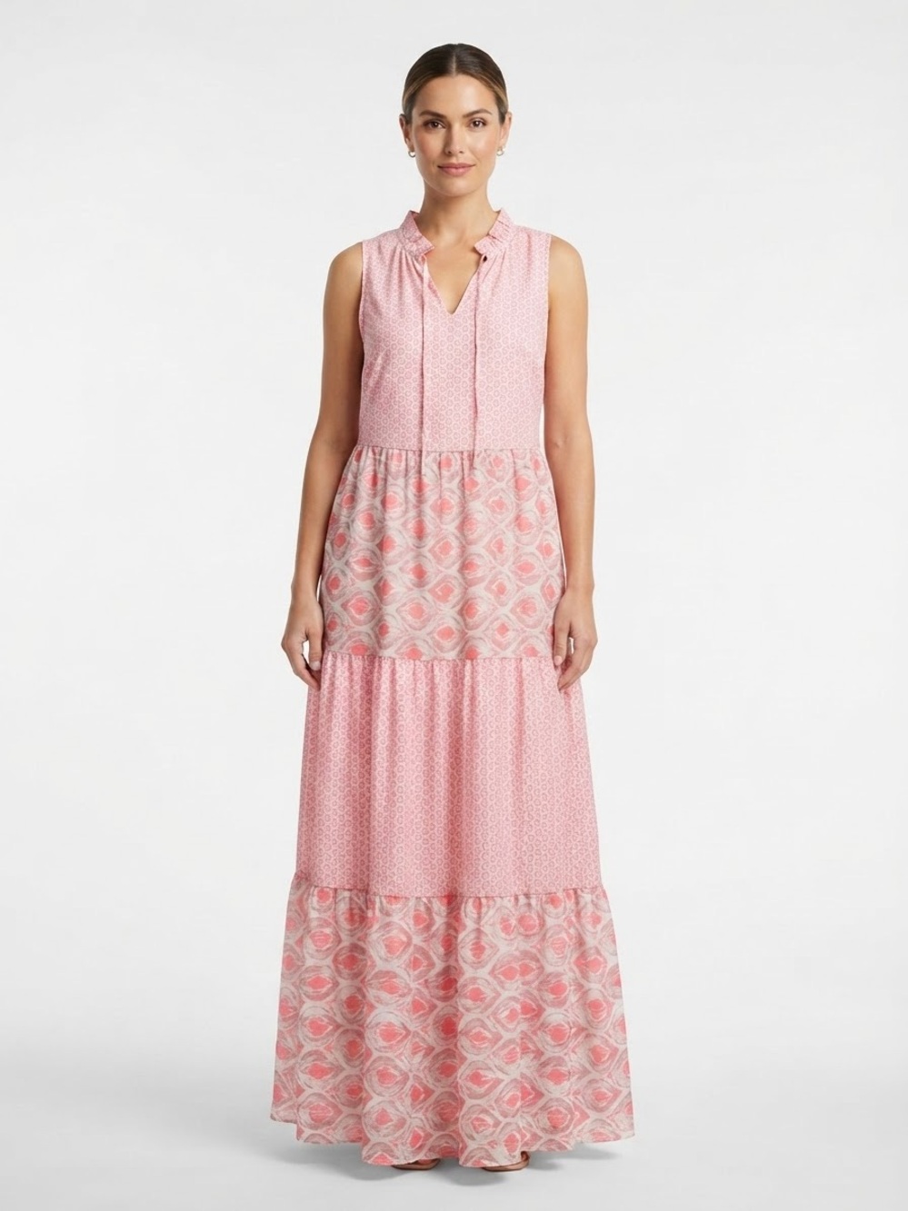 Pink White Tiered Maxi Dress S Sleeveless Boho Resort Vacation Long